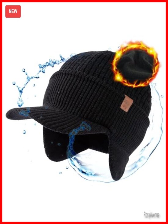 Merino Wool Waterproof Beanie with Brim and Earflaps Fleece Lined main image 4